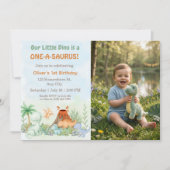 One-A-Saurus Dinosaur 1st Birthday Photo 招待状 (正面)
