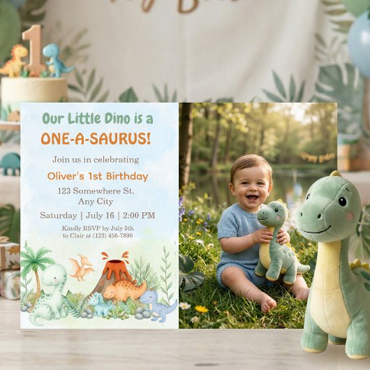One-A-Saurus Dinosaur 1st Birthday Photo 招待状