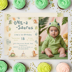 One a Saurus Dinosaur Boy第1回誕生日写真 招待状