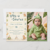 One a Saurus Dinosaur Boy第1回誕生日写真 招待状 (正面)