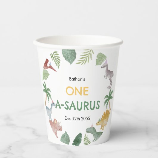 One A Saurus Dinosaur Boy Birthday Paper Cups 紙コップ (正面)