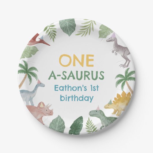 One A Saurus Dinosaur Boy Birthday Paper Plates ペーパープレート (正面)