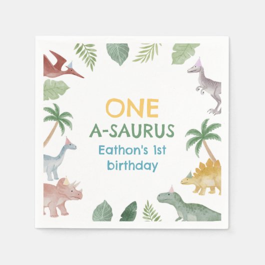 One A Saurus Dinosaur Boy Birthday Party Napkins スタンダードカクテルナプキン (正面)