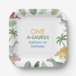 One A Saurus Dinosaur Boy Birthday Square  ペーパープレート