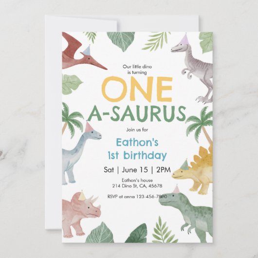 One A Saurus Dinosaur First Birthday Invitation 招待状 (正面)