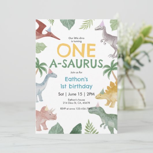 One A Saurus Dinosaur First Birthday Invitation 招待状 (スタンド正面)