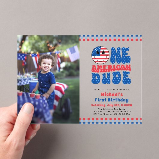 One American Dude 4th Of 7月写真第1誕生日 アクリル招待状 (インサイチュ (ポータブル))