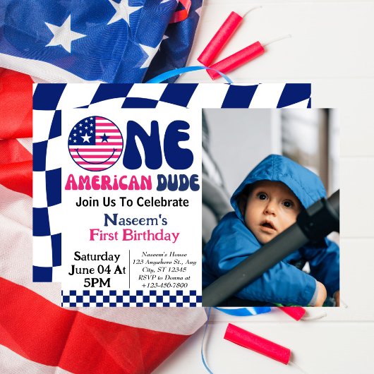 One American Dude Boy 1st Birthday Photo 招待状