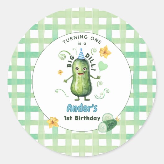 One Big Dill Pickle First Birthday Blue ラウンドシール (正面)
