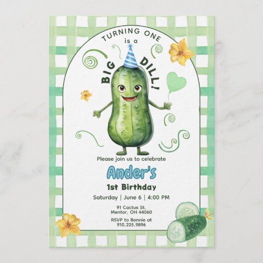 One Big Dill Pickle First Birthday Blue Invitation 招待状 (正面)