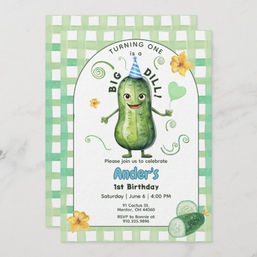 One Big Dill Pickle First Birthday Blue Invitation 招待状 (正面/裏面)