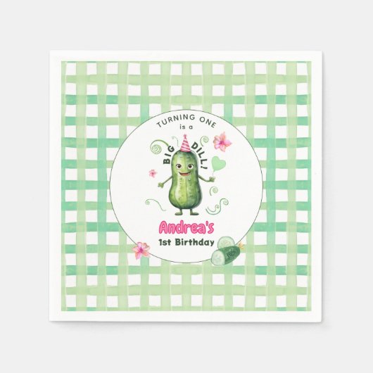 One Big Dill Pickle First Birthday Pink スタンダードカクテルナプキン (正面)