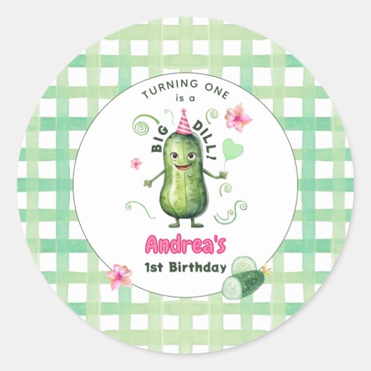 One Big Dill Pickle First Birthday Pink ラウンドシール (正面)
