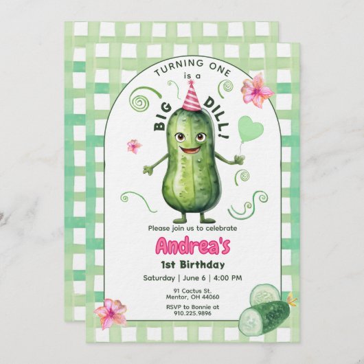 One Big Dill Pickle First Birthday Pink 招待状 (正面/裏面)