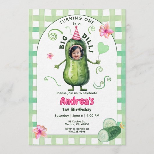 One Big Dill Pickle First Birthday Pink Photo 招待状 (正面)