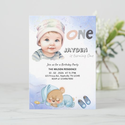 ONE Boy 1st Birthday Party-Minimal First Birthday  招待状 (スタンド正面)