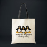 One by One The Penguins Funny Saying Design トートバッグ<br><div class="desc">"One by one, the penguins steal my sanity" - 3 cute and funny black and white penguins with orange feet with a silly and humorous saying / quote with a cyan / turquoise background graphic. Change the background color to your choice. Fully customizable! We also have other designs with this...</div>