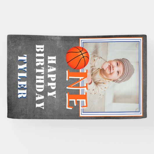 One Chalkboardバスケットボールフォト第1誕生日 横断幕 (横)