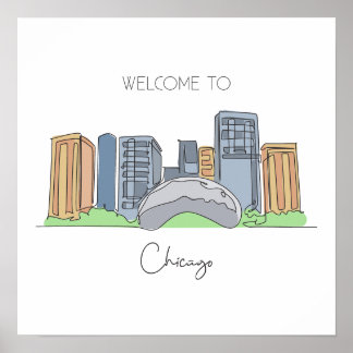 One Continuous Lineスケッチof Chicago USA ポスター