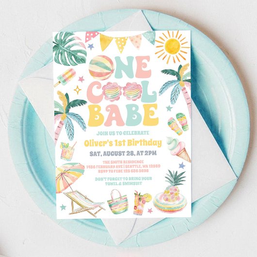 One Cool Babe Beach Party Summer 1st Birthday 招待状