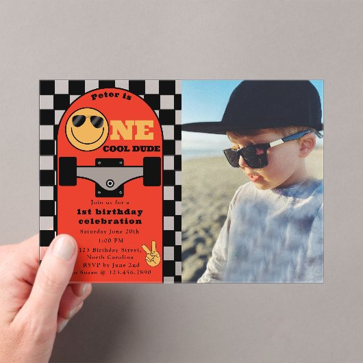 One Cool Dude 1st First Birthday Skateboard Photo アクリル招待状 (インサイチュ (ポータブル))