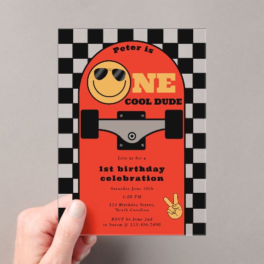 One Cool Dude Invite 1st First Birthday Skateboard アクリル招待状 (インサイチュ (ポータブル))