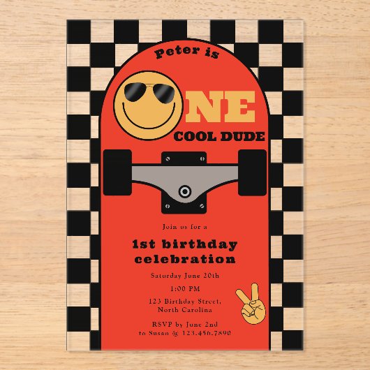 One Cool Dude Invite 1st First Birthday Skateboard アクリル招待状 (正面)