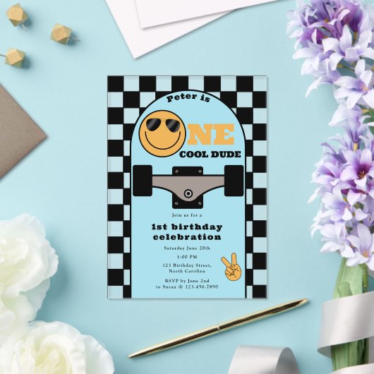 One Cool Dude Invite 1st First Birthday Skateboard アクリル招待状 (インサイチュ (ウェディング))