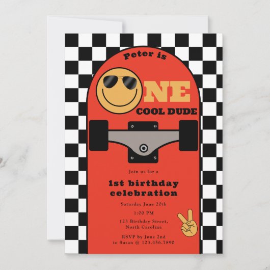 One Cool Dude Invite 1st First Birthday Skateboard 招待状 (正面)