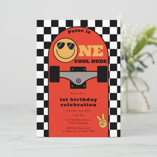 One Cool Dude Invite 1st First Birthday Skateboard 招待状 (スタンド正面)
