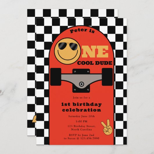 One Cool Dude Invite 1st First Birthday Skateboard 招待状 (正面/裏面)