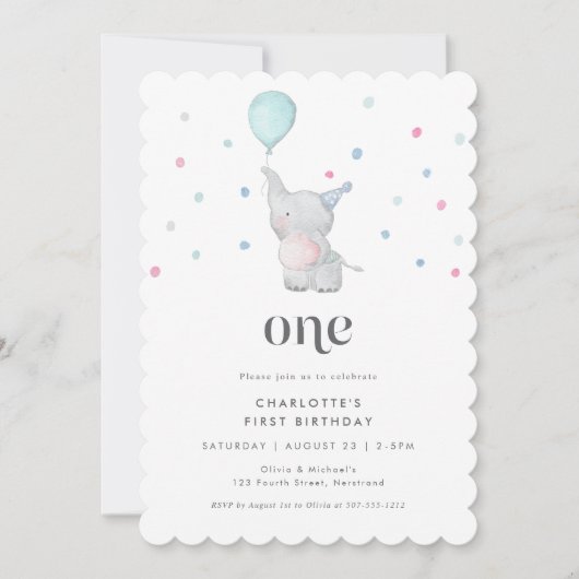 One Cute Baby Elephant 1st Birthday Party 招待状 (正面)