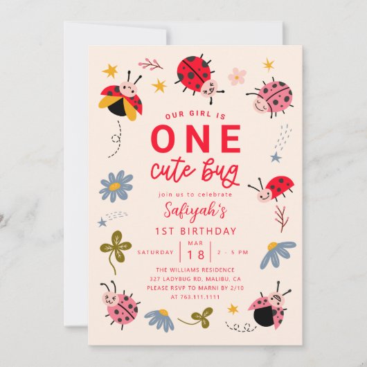 ONE Cute Bug Ladybug 1st Birthdayパーティー 招待状 (正面)