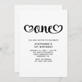 One Cute Hearts Script 1st Birthday 招待状 (正面/裏面)