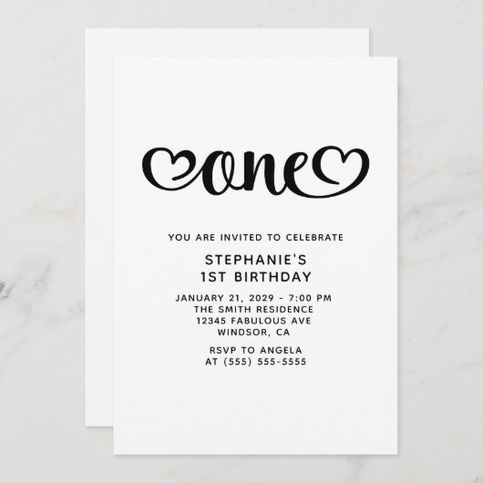 One Cute Hearts Script 1st Birthday 招待状 (正面/裏面)