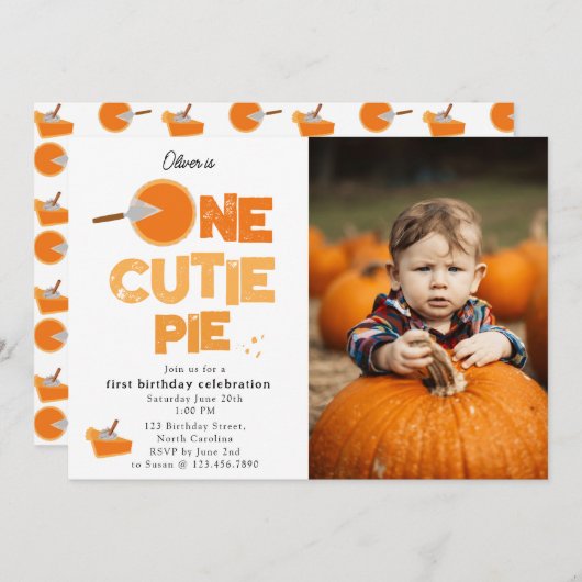 One Cutie Pie Invite 1st First Birthday Cute Photo 招待状 (正面/裏面)