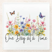 One Day at a Time Inspirational Quote Wildflowers ガラスコースター (正面)