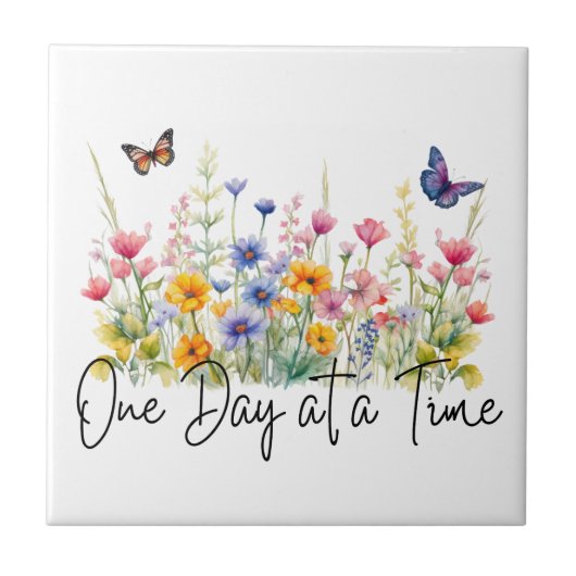 One Day at a Time Inspirational Quote Wildflowers タイル (正面)