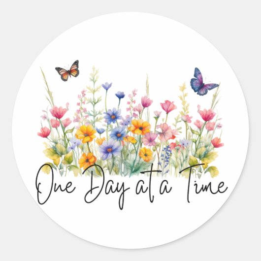 One Day at a Time Inspirational Quote Wildflowers ラウンドシール (正面)