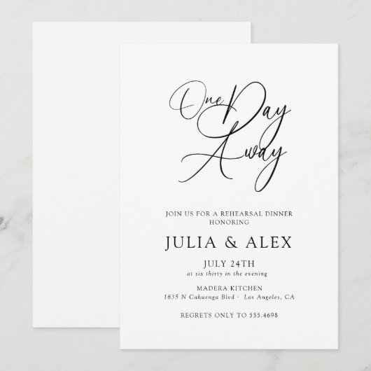 One Day Away Elegant Script Rehearsal Dinner 招待状 (正面/裏面)