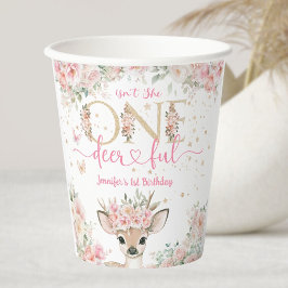 One-Deer-Ful 1子のお誕生日おめでとう ピンクの子鹿  紙コップ
