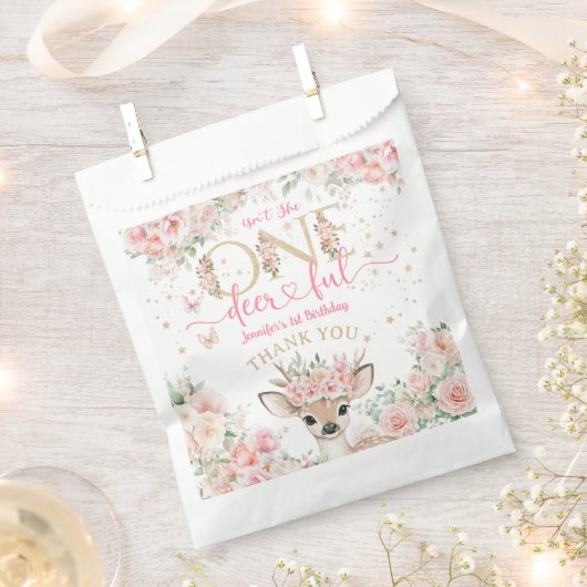 One-Deer-Ful 1st Birthday Girl Pink Fawn フェイバーバッグ (クリップ留めされた状態)