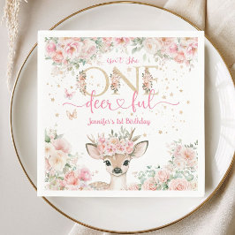 One-Deer-Ful 1st Birthday Girl Pink Fawn Paper スタンダードカクテルナプキン