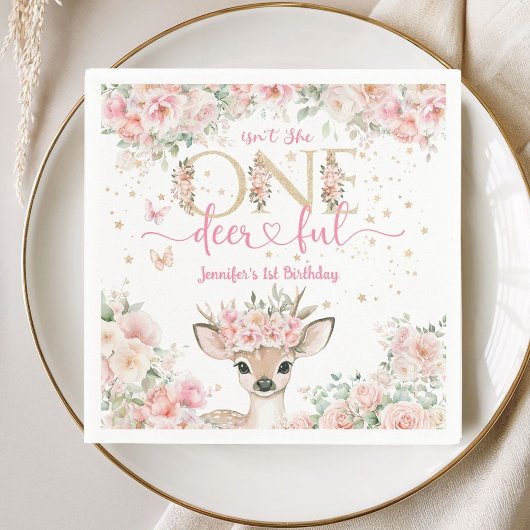 One-Deer-Ful 1st Birthday Girl Pink Fawn Paper スタンダードカクテルナプキン