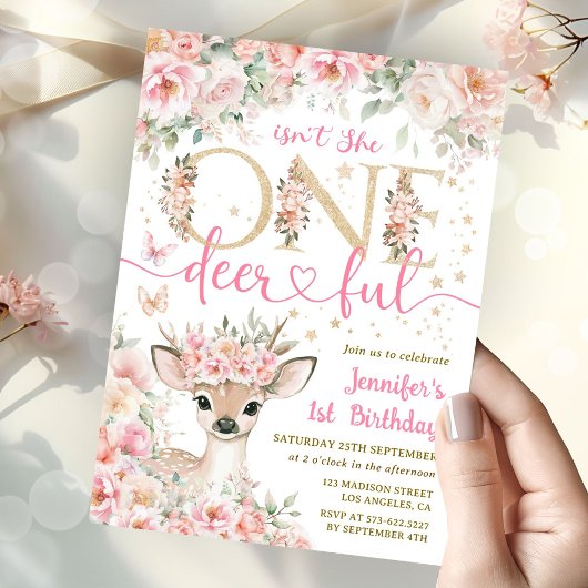One-Deer-Ful 1st Birthday Girl Pink Invitation 招待状