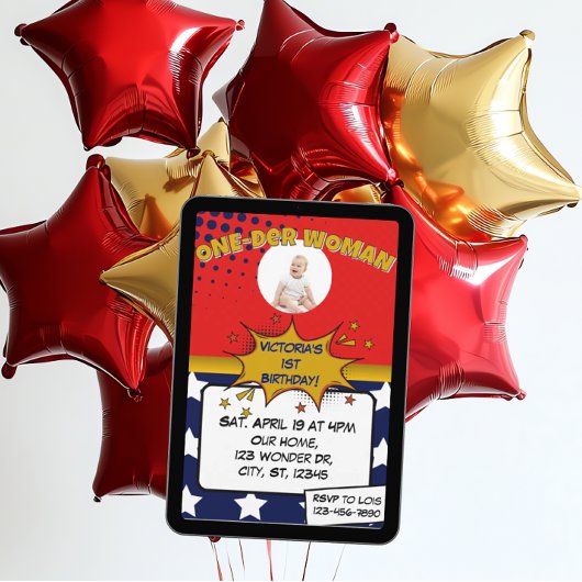 One-Der Woman, Superhero 1st Birthday  招待状