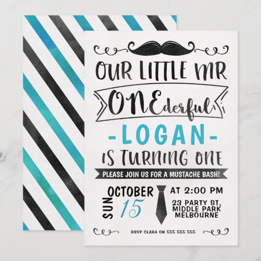 ONE-derful Birthday Invitation暗藍色の氏 招待状 (正面/裏面)