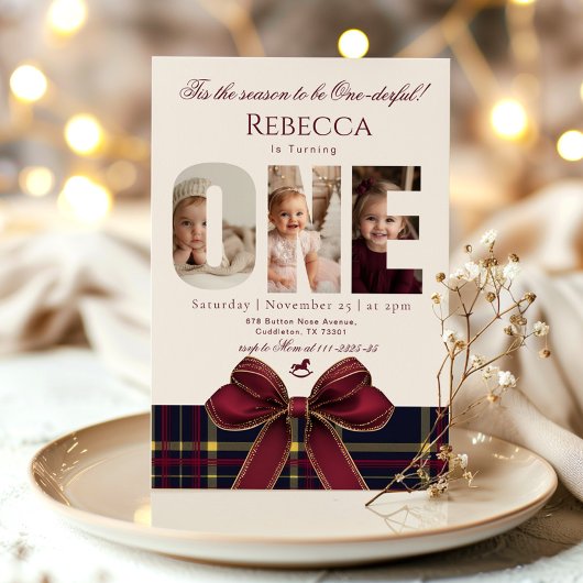 One derful Girl 1st Birthday Photo Preppy Holiday 招待状