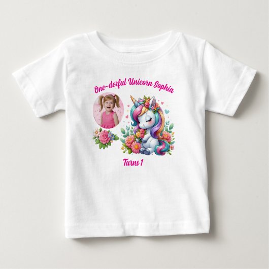 One-derful Magical Floral Unicorn 1st Birthday  ベビーTシャツ (正面)