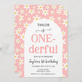 ONE-derful Pink Daisy 1st Birthday 招待状 (正面/裏面)